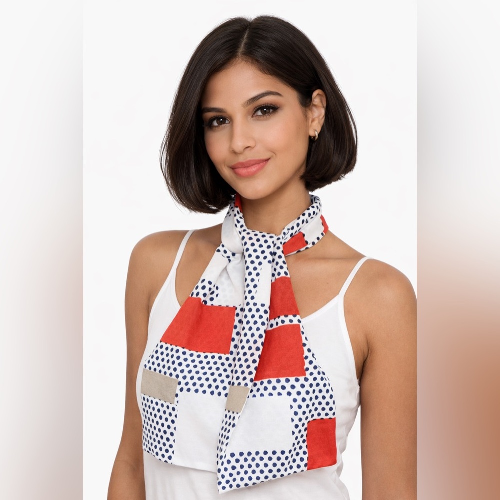 Vintage Mod Polka Dot Scarf Red White Blue Geometric 60s Retro Neck Scarf